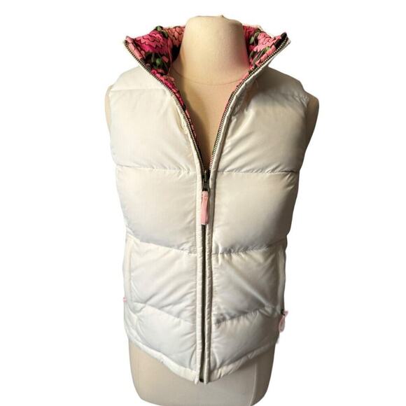 Lilly Pulitzer DOWN PUFFER Reversible Vest Pockets Zip XS Pink Floral White - Picture 8 of 10